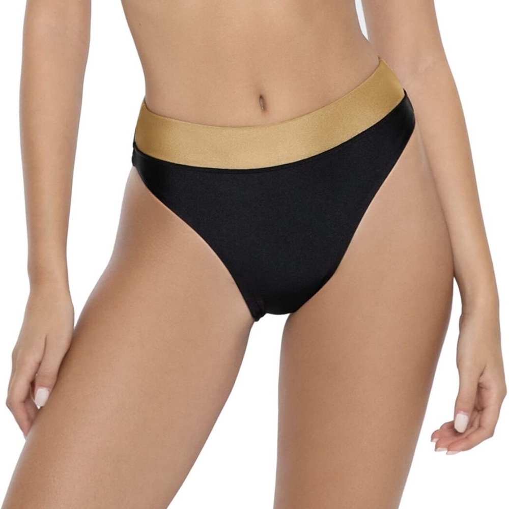 PQ Swim x Anthropologie NWT Cove High Waist Full Black Gold Bikini Bottom Sz M
